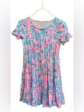Lilly Pulitzer Scoop Neck Pink & Blue Floral Tiered Dress